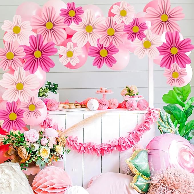 YUNXUAN Pink Party Decorations Paper Fan Paper Flowers Decorations for Wall Flower Backdrop Classroom Baby Shower Birthday Flower Wall Decor Pack of 9 Pink