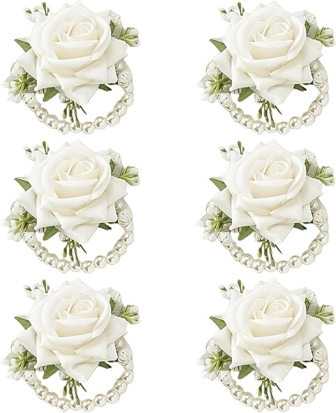 6 PCS Artificial Flowers Wrist Corsage Wristlet Band，Wedding Ball Accessories for Brides, Grooms, Bridesmaids