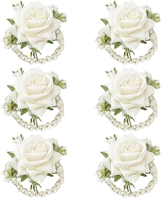 6 PCS Artificial Flowers Wrist Corsage Wristlet Band，Wedding Ball Accessories for Brides, Grooms, Bridesmaids