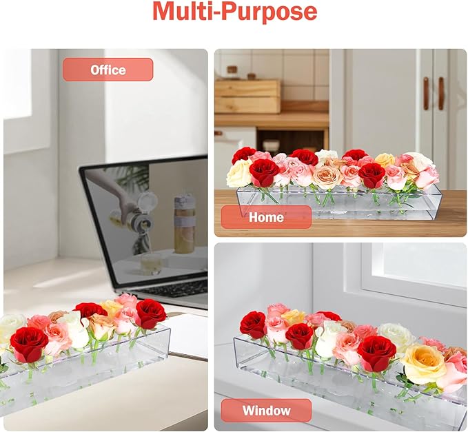 2Pack Clear Acrylic Flower Vase Rectangular, 15.7 Inches Long Floral Centerpiece Low Vases with Holes for Dinning Table, Home Decor, Wedding Decoration