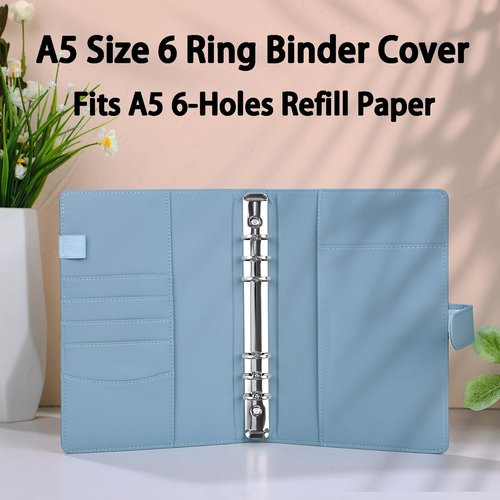 Antner A5 Notebook Binder - Refillable PU Leather Budget Planner Cover | Cash Organizer & Kpop Photocard Holder in Airy Blue