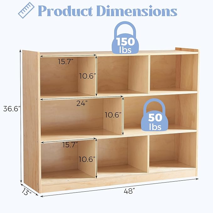 Montessori Shelf 8-Section Wooden Storage Cabinet, 3-Shelf Toy Organizers and Storage, Kids Classroom Organizer, Playroom, Daycare and Preschool