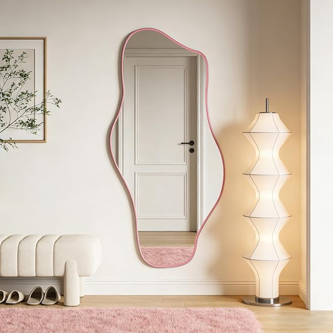 Irregular Tempered Glass Mirror, 47.2"x24" Pink Asymmetrical Aesthetic Wall Mirror, Modern Organic Shape Frameless Mirrors for Entryway Bedroom Living Room, Horizontal or Vertical Hanging