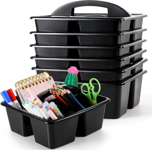Skiennix 6-Pack Classroom Caddy - Portable Plastic Organizer with 3 Compartments for School Supplies | Black