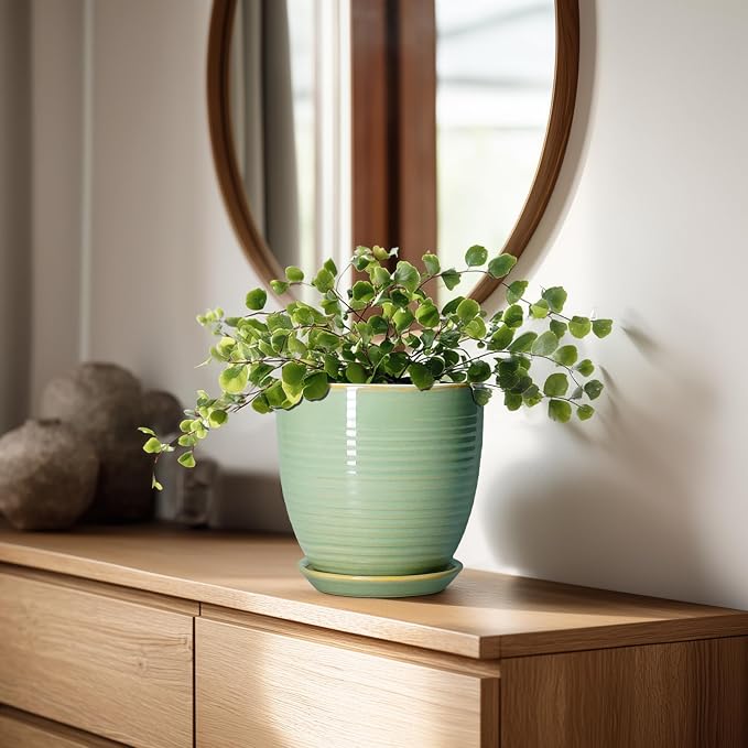 Ceramic Plant Pots - 6 Inch Ceramic Planter with Drainage Hole and Saucer, Modern Planters for Indoor Outdoor Plants, Round Flower Pots, Office House Decor, Gifts for Women Men, Bright Green