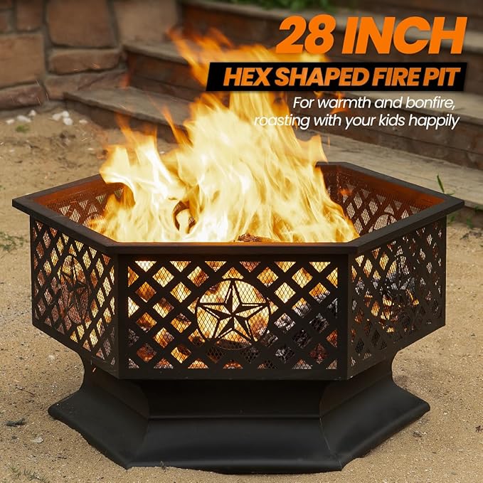 Panovue 28 Inch Hex-Shaped Fire Pit,Wood Burning Fire Pits for Outside with Spark Screen&Poker,Metal Hexagon Outdoor Firepit for Backyard,Bonfire,Patio,Party,Garden,Picnic and Camping(28'' Black)