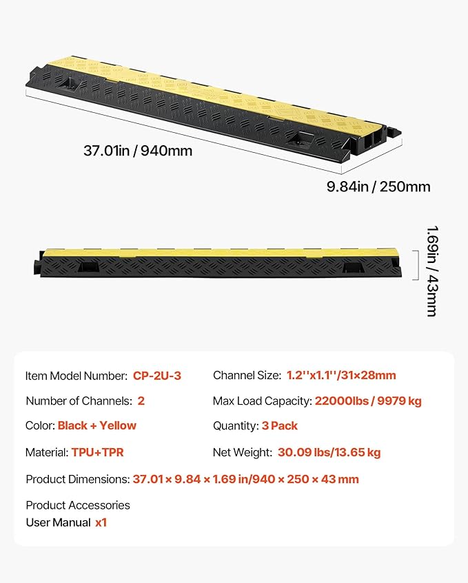 VEVOR 3 PCs Rubber Cable Protector Ramp, 2 Channel Heavy Duty TPU Floor Cord Hose Wire Cover, 1.2'' W x 1.1'' H Channel Size, Traffic Speed Bump with Flip-Open Top Cover, for Indoor Outdoor Use