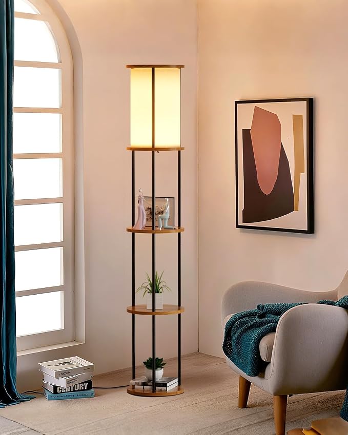 Lightdot 61" Floor Lamp with Shelves, Modern Black Standing Lamp with Fabric Shade and 3- Tier Solid Wood Table Attached, Corner Bookshelf Lamps with Bulb Included for Sofa Beside/Corner Decor