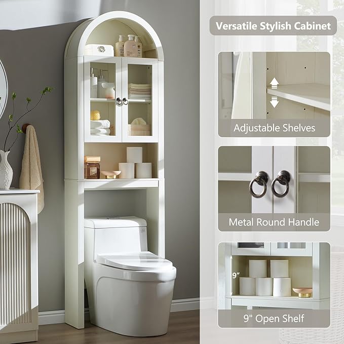 IFGET Arched Over The Toilet Storage Cabinet with Acrylic Doors, Modern Over Toilet Bathroom Organizer Shelf, Small Wooden Bathroom Storage Cabinet with Adjustable Shelf, Space Saver, Antique White