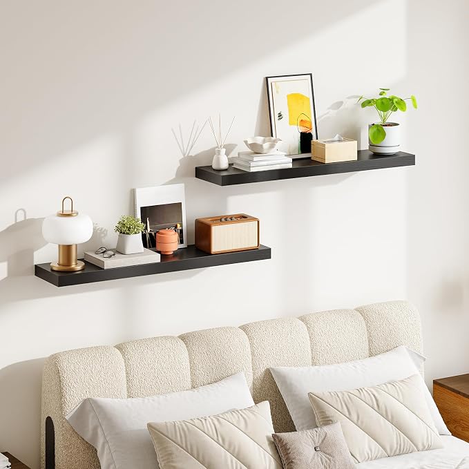 HOOBRO Floating Shelves for Wall, Wall Mounted Shelf Set of 2, 39.4" Hanging Shelf with Invisible Brackets, for Wall Decor Storage in Bathroom Bedroom Kitchen Living Room Office, Black BK100BJP201