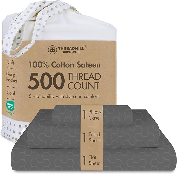 Threadmill 500 Thread Count Twin-XL Size 3 Pc Luxury Cotton Bed Sheet Set, Jacquard Floria Dark Grey, Breathable Sheets with 15" Elasticized Deep Pocket, 1 Pillowcase & Free Tote Bag