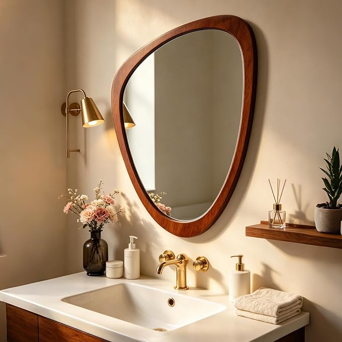 Ferytange Asymmetrical Wall Mirror Wood Frame, 36" H×28" W Modern Irregular Decorative Mirror, Unique Wall Art for Living Room Bedroom Entryway, Mid Century Modern Home Decor
