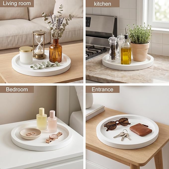 Candle Plate Holder Round Wooden Decorative Tray for Coffee Dinner Table Centerpiece Rustic Farmhouse Wood Trays Kitchen Counter White Living Room Home Decor for Bathroom Vanity Accessories Tray