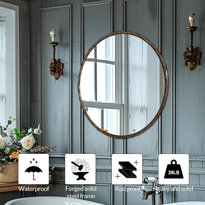 ANDY STAR Hand-Forged Bronze Round Bathroom Mirror, 30 Inch Antique Oil Rubbed Bronze Circular Mirror, Solid Steel Hammered Rounded Mirrors for Wall Decor, Vanity, Washroom, Entry, Fireplace