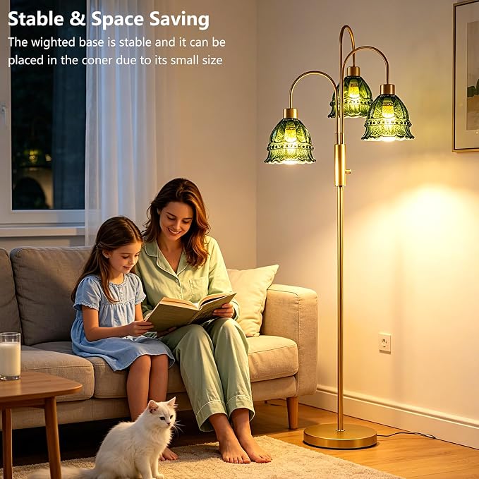 3-Light Glass Floor Lamp with Green Ribbed Glass Shades, 70" Gold Dimmable Tall Standing Lamp with 3PCS 3000K Warm White Bulbs, Modern Tree Pole Lamp for Living Room Bedroom Home Office Corner Decor