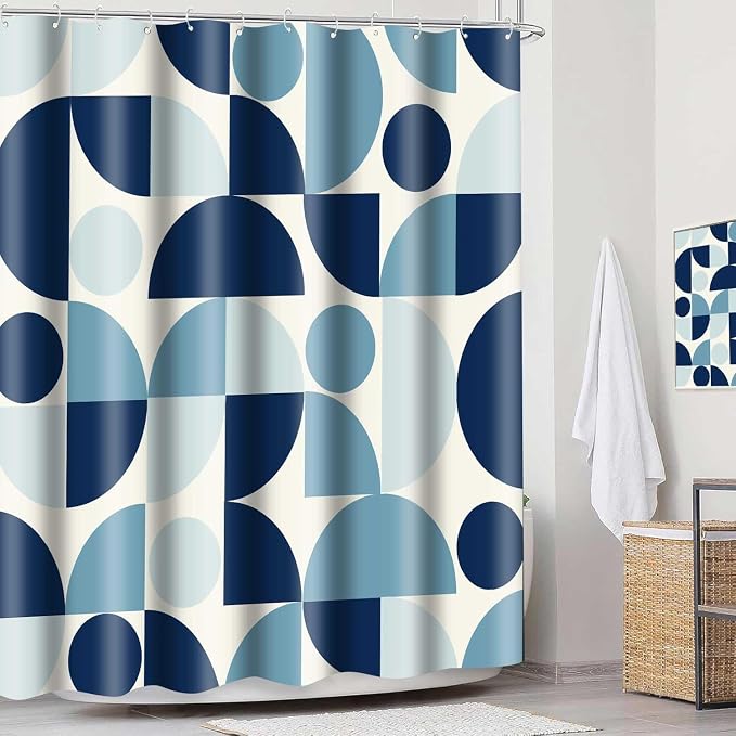 Vintage Blue Mid Century Modern Shower Curtain Boho Abstract Geometric Art Shower Curtains for Bathroom Decor 72x72 Inch Colorful Unique Pattern Washable Fabric Bathroom Set with 12 Hooks
