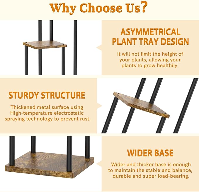Oppro 3 Tier Corner Plant Stand Indoor, Metal Wood Flower Pot Holder Shelf, Multiple Display Rack Square Table for Living Room Bedroom Orchid Outdoor Balcony Garden Patio, Modern Black & Rustic Brown