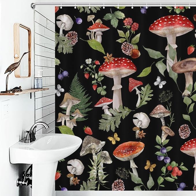Mushroom Shower Curtain, Farmhouse Country Botanical Mushroom Plants Herbs Rustic Vintage Cottagecore Nature Black Waterproof Fabric Bathroom Shower Curtain Set with Hooks, 72"x78" Inch