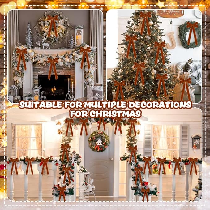 JOICEE 15Pcs Velvet Christmas Bows, 5 x 12 Inch Christmas Tree Wreath Bows Vintage Rustic Ribbon Bows for Garland Home Decorations Xmas Wedding Holiday Indoor Outdoor Decor(Brown)