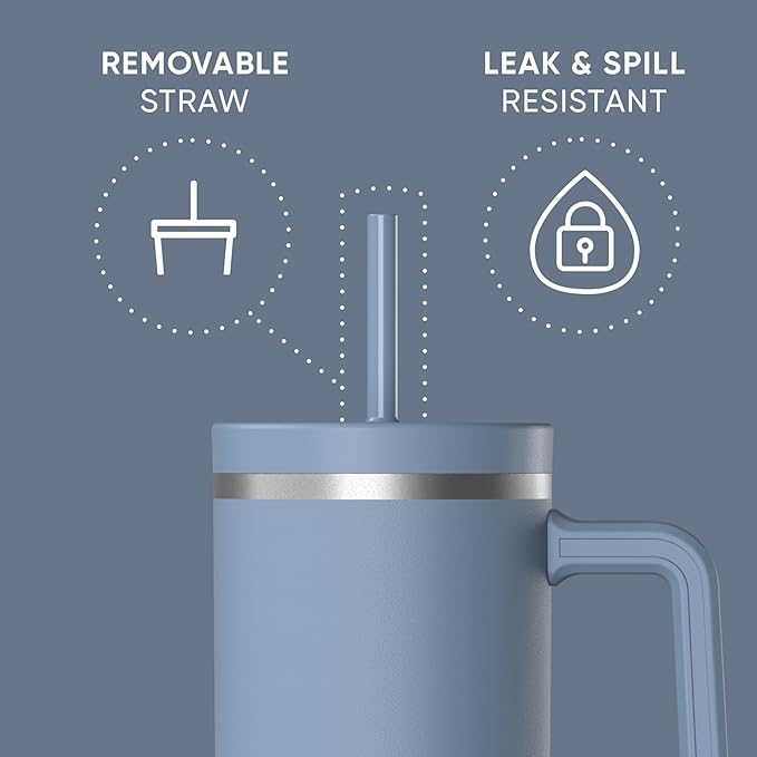 Hydrapeak Voyager 40 Oz Stainless Steel Tumbler with Handle, Insulated Water Bottle With Straw & Lid, Cupholder Friendly Reusable Travel Mug (Modern Blue)