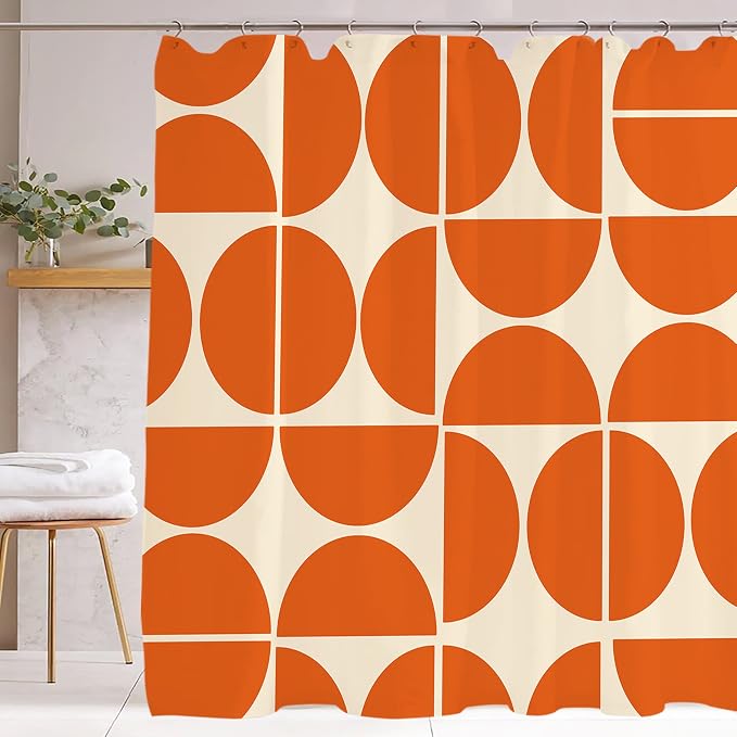 Orange Mid Century Shower Curtain Sets Boho,Modern Abstract Geometric Art Bath Curtain for Bathroom,Waterproof Fabric Polyester Curtain with 12 Hooks, 72 x 72 Inches