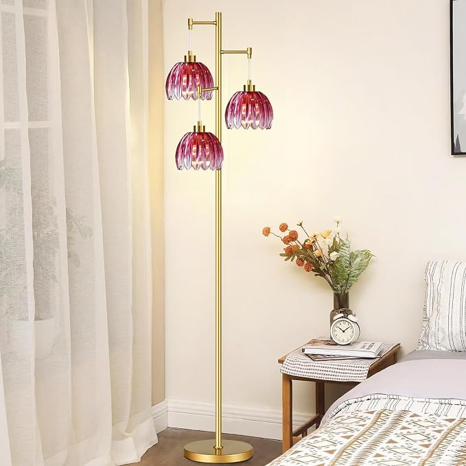 QIYIZM Pink Floor Lamp for Living Room,Bedroom,Gold Mid Century Modern Standing Lamp Brass Tree 3 Light Tall Floor Lamps Vintage Retro Floor Lights Glass Flower Lamp Shade Farmhouse Boho Bohemian