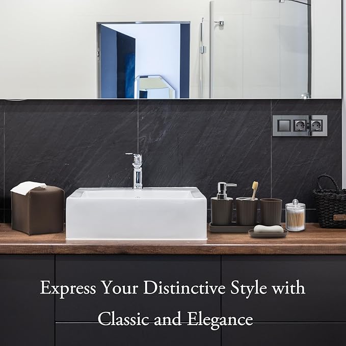 Bathroom Accessory Set - 10 Piece Brown Bathroom Accessories Set with Trash Can, Toothbrush Holder and Cup, Soap Dispenser, Soap Dish, Toilet Brush Holder, Vanity Tray, Qtip Holder, Tissue Box Cover