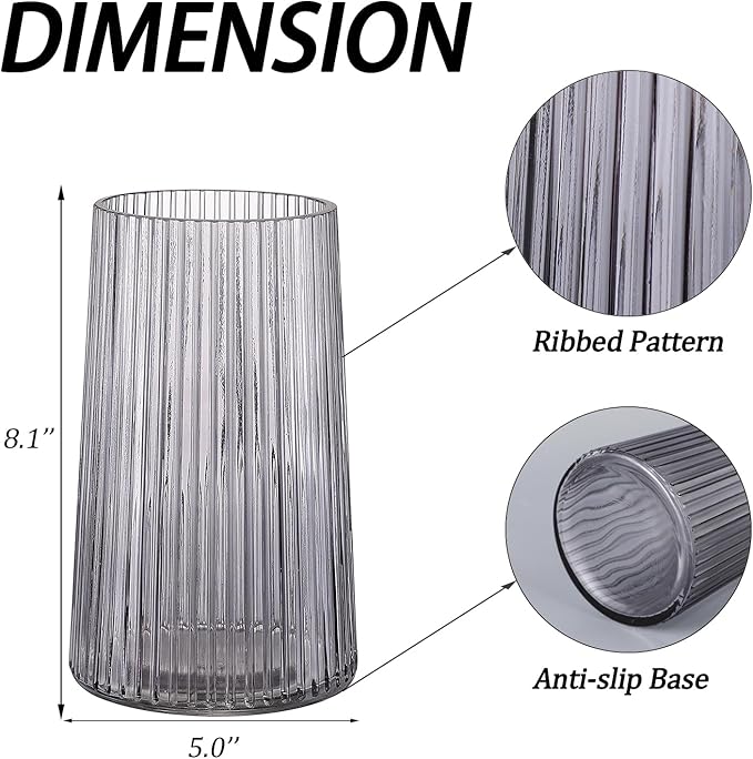 Black Glass Vase for Flower, Flower Vase for Bouquet, Modern Glass Vases, Ribbed Vases for Living Room, Bedroom, Dining Table, Office, Wedding, Centerpieces, 8 Inches
