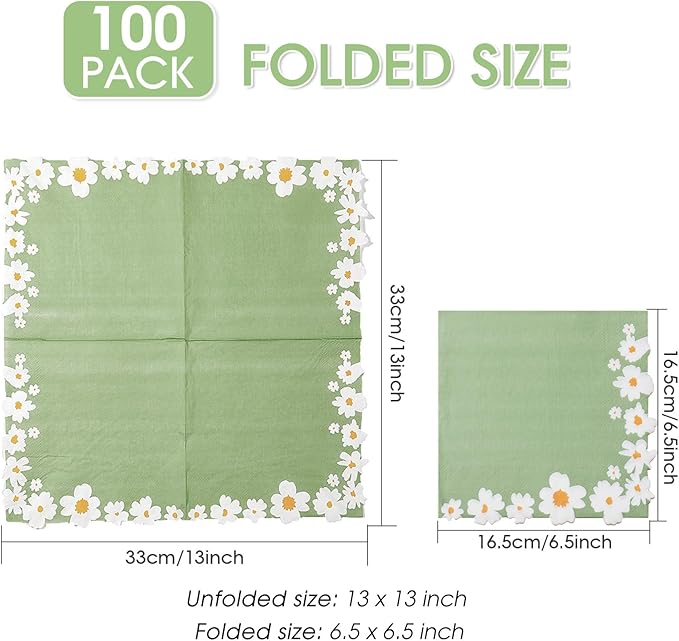 100 Pack Floral Napkins Decorative, Green & White Flowers Dessert Napkins 4-Ply Disposable Paper Luncheon Dinner Napkins for Wedding Birthday Baby Shower Bridal Party Picnics Folded 6.5 x 6.5 Inches