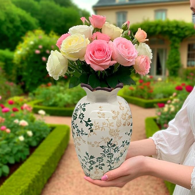 Vintage Ceramic Flower Vase Home Decor - Tabletop Rustic Tall Vase for Decor Living Room Bookshelf Office Kitchen Farmhouse Cottage, White Vases for Bouquet, Ruffled Rim | Grand Millennial | 9.1inch