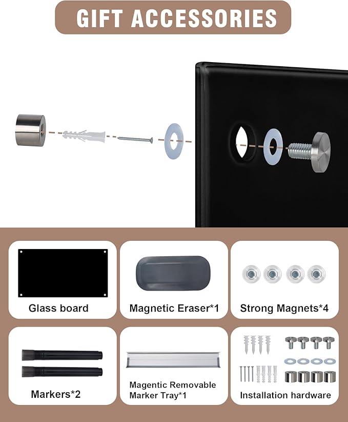 Mifuro Magnetic Glass Whiteboard，24"x18" Wall Mounted Frameless Dry Erase Board for Office, Home & School Black
