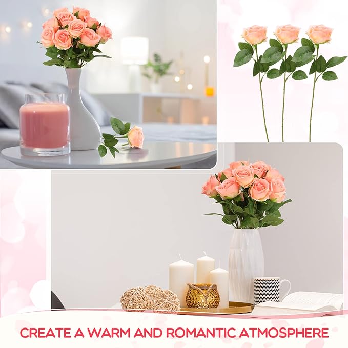 Jexine 50 Pcs Artificial Rose Flower Bulk Realistic Silk Fake Roses with Long Stem Plastic Artificial Flower Bouquet Real Looking for Home Wedding Centerpieces Party Decoration(Champagne)