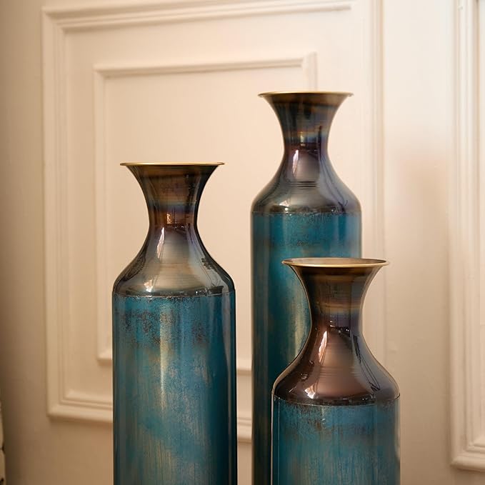 Metal Floor Vases Decorative, Set of 3 Flower Arrangement Stand, Tall Blue Metal Floor Vases for Living Room, Bedroom & Entryway, 28.34", 24.4", 20.4" H (Aqua Blue)