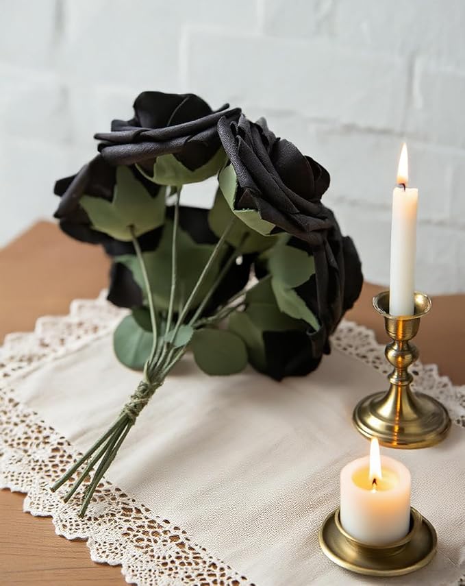 Black Artificial Roses 25pcs, Real Looking Fake Foam Flowers with Stems for DIY Gothic Wedding Bouquets, Centerpieces, Party, Halloween, Home Dark Decor