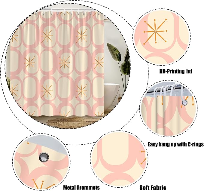 Mid Century Shower Curtain Modern Abstract Atomic Round Squares Retro 50s Geometric Bathroom Decor Polyester Curtains with Hooks