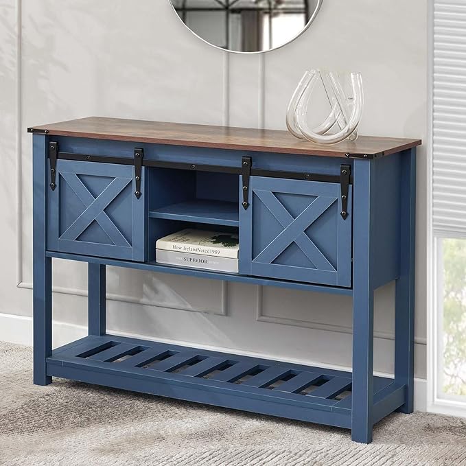 Farmhouse Living Room Table Set of 3, 2 Rustic End Table with Charging Station and 1 Sofa Table with Large Hidden Storage, Farmhouse Sofa Table Set for Living Room, Office, Blue
