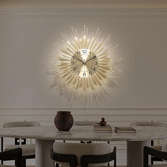 Gold Wall Clock 23 Inch Sunburst，Mid Century Decorative Wall Clocks Battery Operated Sunburst Large Modern Handmade Home Art Decor for Living Room， Corridor, Staircase, Kitchen & Thoughtful Gift