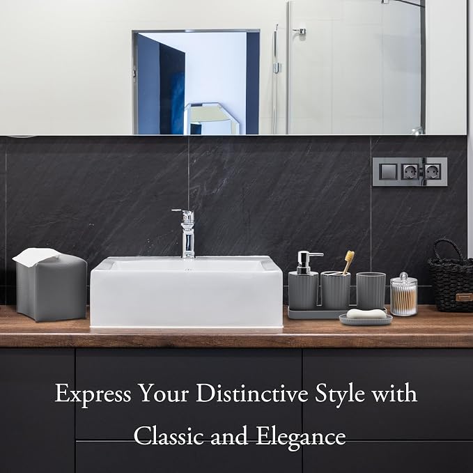 Bathroom Accessory Set - 10 Piece Grey Bathroom Accessories Set with Trash Can, Toothbrush Holder and Cup, Soap Dispenser, Soap Dish, Toilet Brush Holder, Vanity Tray, Qtip Holder, Tissue Box Cover