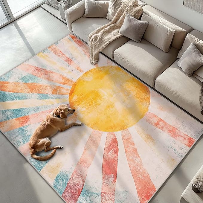 6x9 Boho Sun Area Rug Retro Orange Yellow Blue Beige Bedroom Rug Low Pile Thin Large Carpet Living Room Non Slip Dining Room Stain Resistant Office Washable Machine Classroom