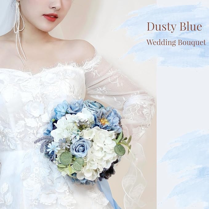Dusty Blue Wedding Bouquets for Bride Bridesmaid,White Navy Blue Artificial Fake Silk Roses Flowers Bridal Bouquets for Wedding Boho Rustic French Vintage Church Decoration Toss Bouquet (8.6in(M))