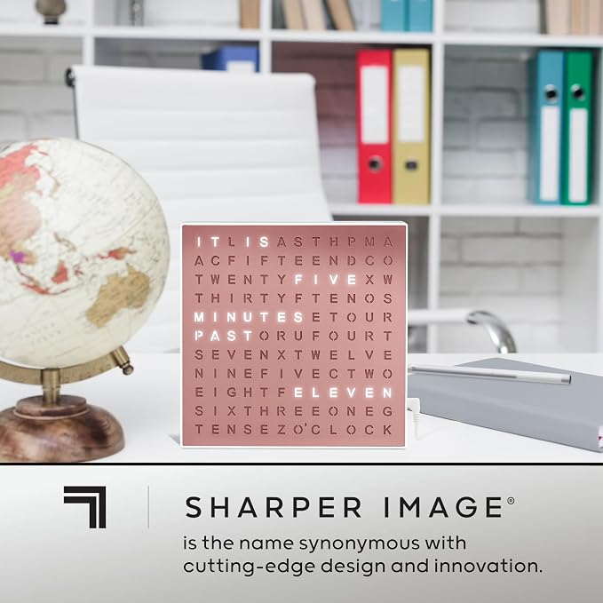 Sharper Image LED Word Digital Clock, 7.75", Rose Gold Finish, Light-Up Desk & Wall Clock, Modern Time Display, Shelf or Wall Decor for Home Office, Living Room, Kitchen & Bedroom, Housewarming Gift