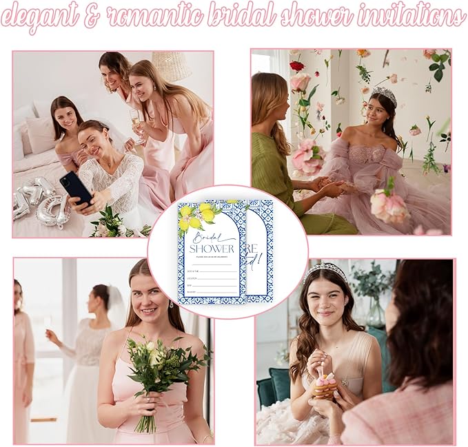 Mediterranean Lemon Bridal Shower Invitations, Set of 25 Lemon Italian Blue Tiles Bridal Shower Invites with Envelopes for Engagement Wedding Party-A11