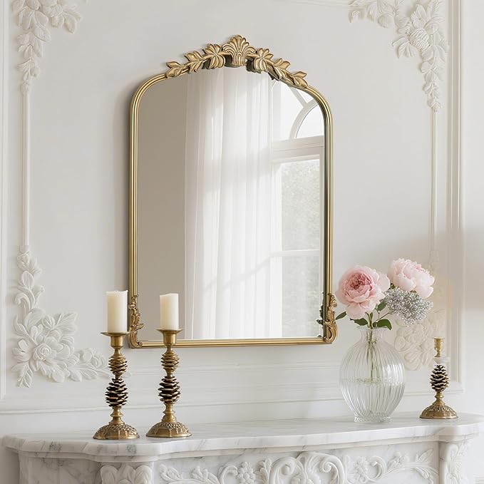 WallBeyond Gold Antique Mirror for Vanity 22x30 Inch, Gold Vintage Mirror with Ornate Frame, Arched Vintage Wall for Bathroom, Living Room, Fireplace