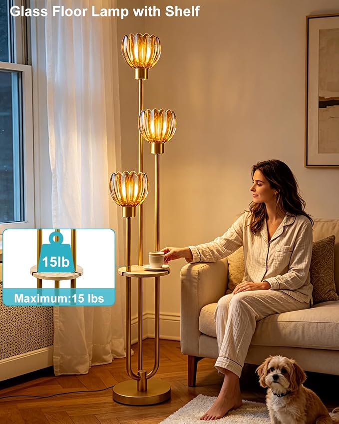 Lightdot 3-Lights Glass Floor Lamp for Living Room Modern Gold Floor Lamps with Lotus Amber Glass Shade& Bulbs Included for Wedding/Party Tall Standing Lamp for Bedroom/Sofa Beside/Corner Decor