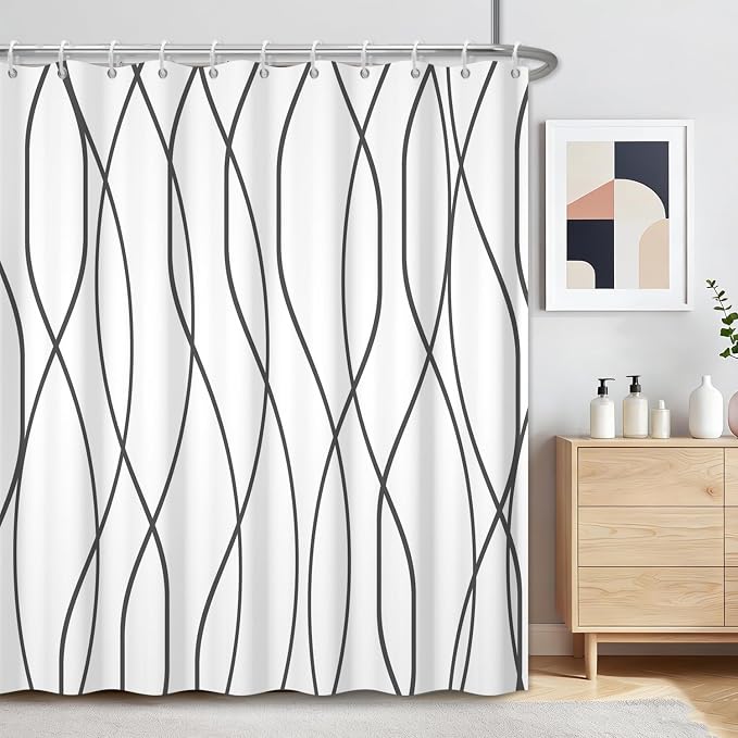 Grey and White Striped Shower Curtain, Abstract Geometric Modern Minimalist Shower Curtains for Bathroom with Hooks, Hotel Style Waterproof Fabric Shower Curtain Set, Weighted Hem, 72x72 Inch
