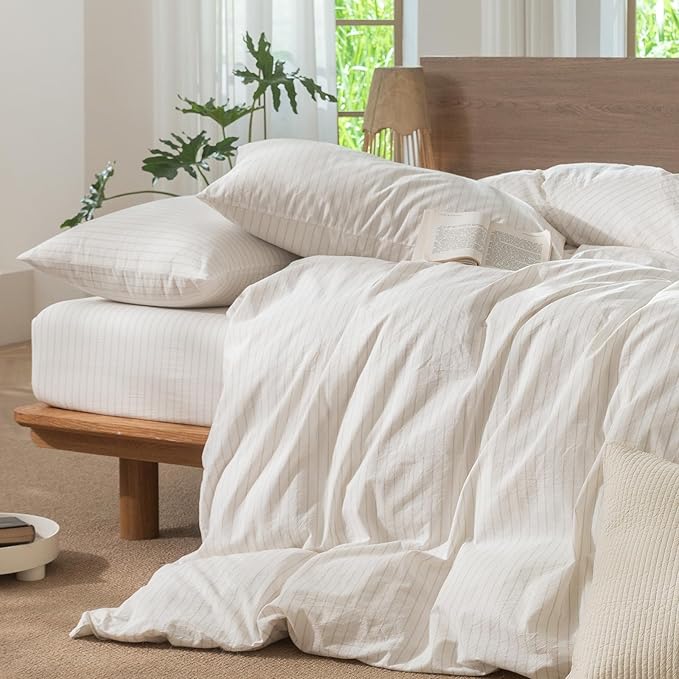 MooMee Striped Duvet Cover Set 100% Washed Cotton Linen Like Textured Breathable Durable Soft Comfy (White Almond Milk Grey Wide Stripes, Twin 68"x90")
