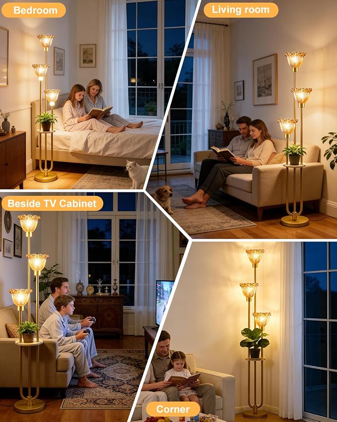 Lightdot Glass Floor Lamp for Living Room Gold with Amber Glass Shade & 3000K Bulbs Included 3-Lights Modern Tall Standing Lamp with 5Lbs Heavy Base for Bedroom/Sofa Beside/Corner Decor/Party