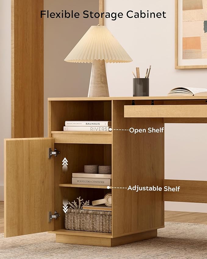 59" Executive Desk, Farmhouse Large Home Office Desk with File Drawer & Outlet & Storage Cabinet, Wood Computer Desks with Keyboard Tray, Workspace for Study Writing, Natural Oak