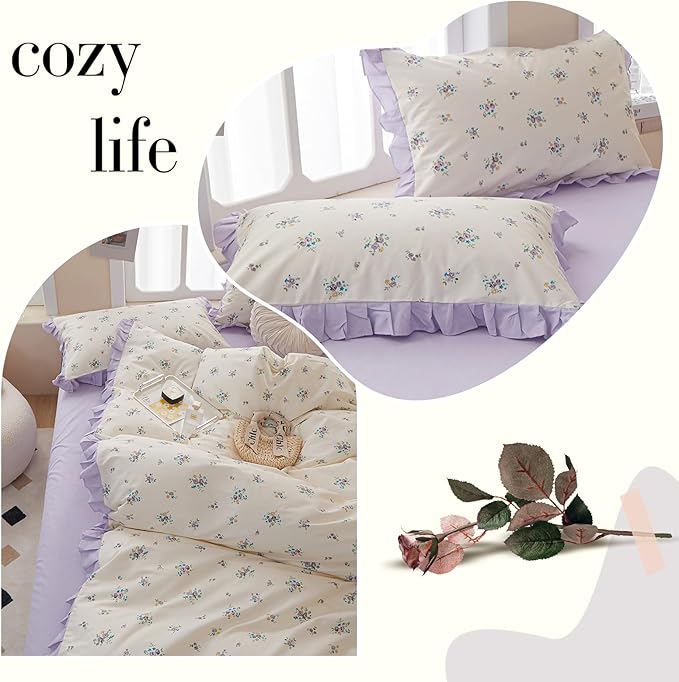 VM VOUGEMARKET Girl's Floral Comforter Set Full Princess Style Ruffle Bedding Comforter Sets,Vintage Farmhouse Purple Flower Comforter with 2 Pillowcases for All Seasons(3pcs,Full)