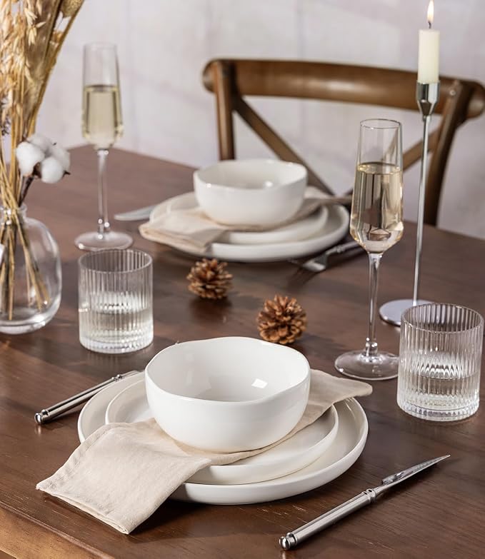 TheTerra Ceramic Dinnerware Sets for 4, 12 Pieces Handmade Reactive Glaze Plates and Bowls Set, Scratch Resistant Dish Set, Oven & Microwave & Dishwasher Safe, White Speckled